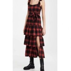 Likely Charlotte Dress Red Black Plaid Tiered Midi Buffalo Check Dark Academia